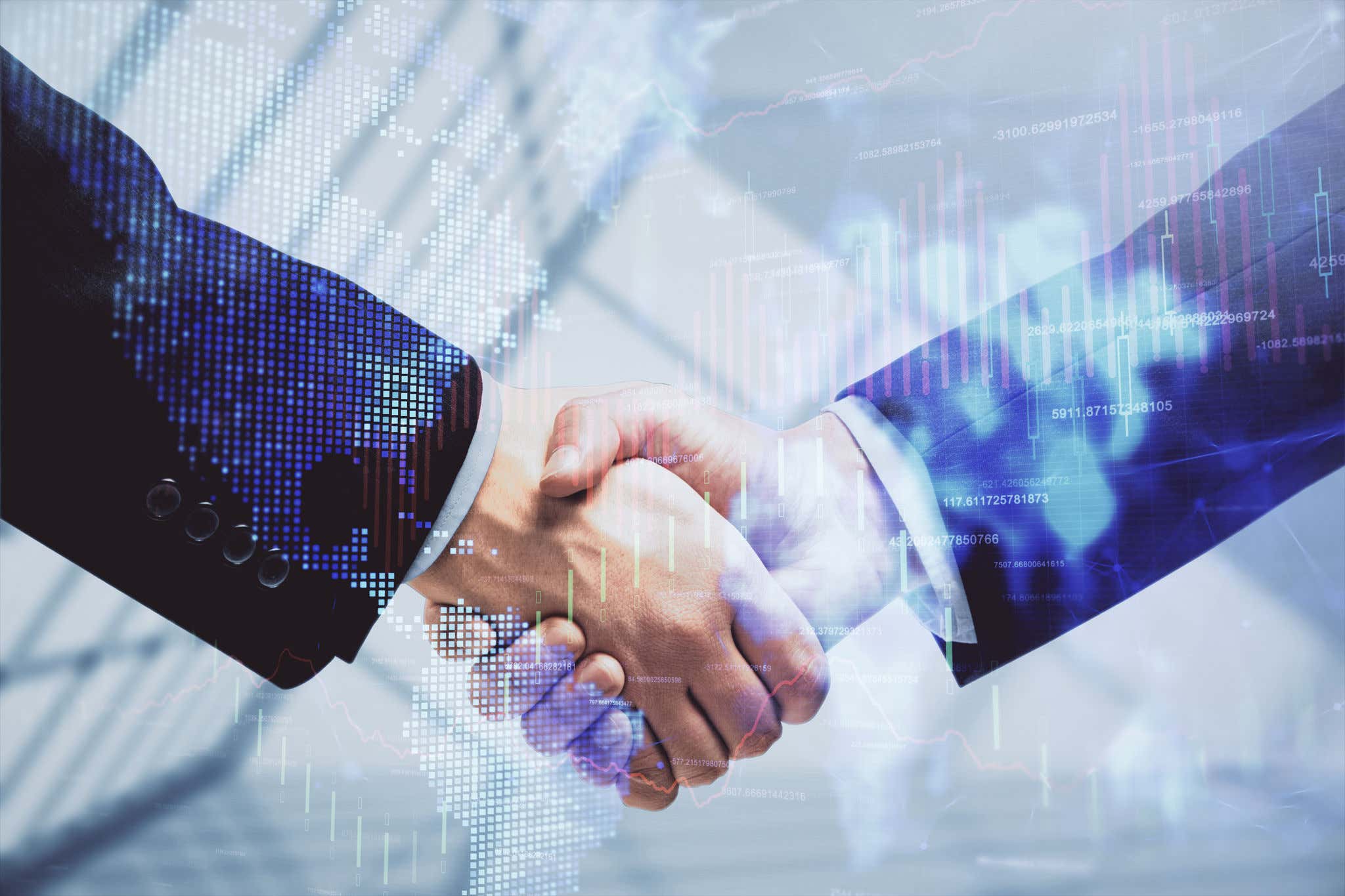Double exposure of forex graph hologram and handshake of two men. Stock market concept. Double exposure of forex graph hologram and handshake of two men. Stock market concept.